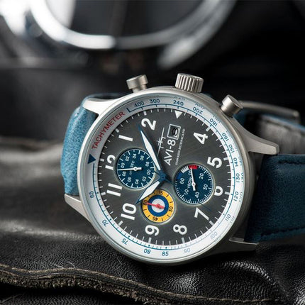 AVI-8 Hawker Hurricane Classic Chronograph Pennant Blue Leather Strap Grey Dial AV-4011-0F Men's Watch