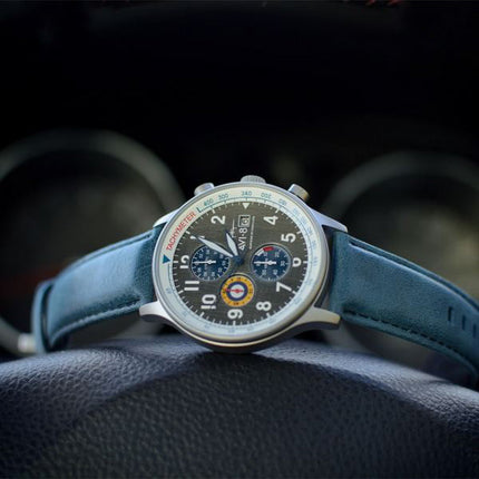 AVI-8 Hawker Hurricane Classic Chronograph Pennant Blue Leather Strap Grey Dial AV-4011-0F Men's Watch