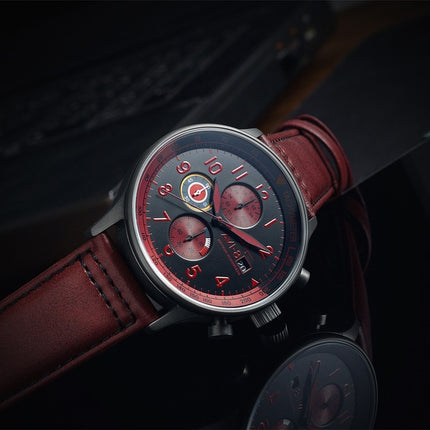 AVI-8 Hawker Hurricane Classic Chronograph Blood Red Leather Strap Black Dial Quartz AV-4011-0S Men's Watch