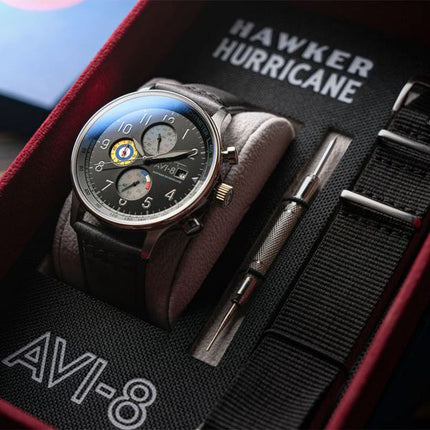 AVI-8 Hawker Hurricane Classic Chronograph Black Dial Quartz AV-4011-0U Men's Watch With Extra Strap