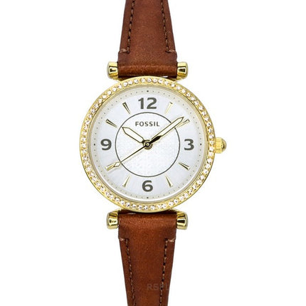 Fossil Carlie Brown Leather Strap Crystal Accents Silver Dial Quartz ES5297 Women's Watch