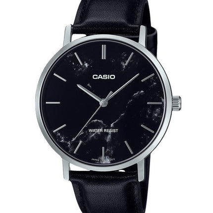 Casio Standard Analog Black Leather Strap Marble Inspired Black Dial Quartz MTP-VT01LM-1A Men's Watch