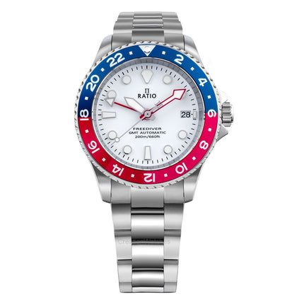 Ratio FreeDiver GMT Series Sapphire Stainless Steel White Dial Blue Red Pepsi Bezel Automatic RTF061 200M Men's Watch